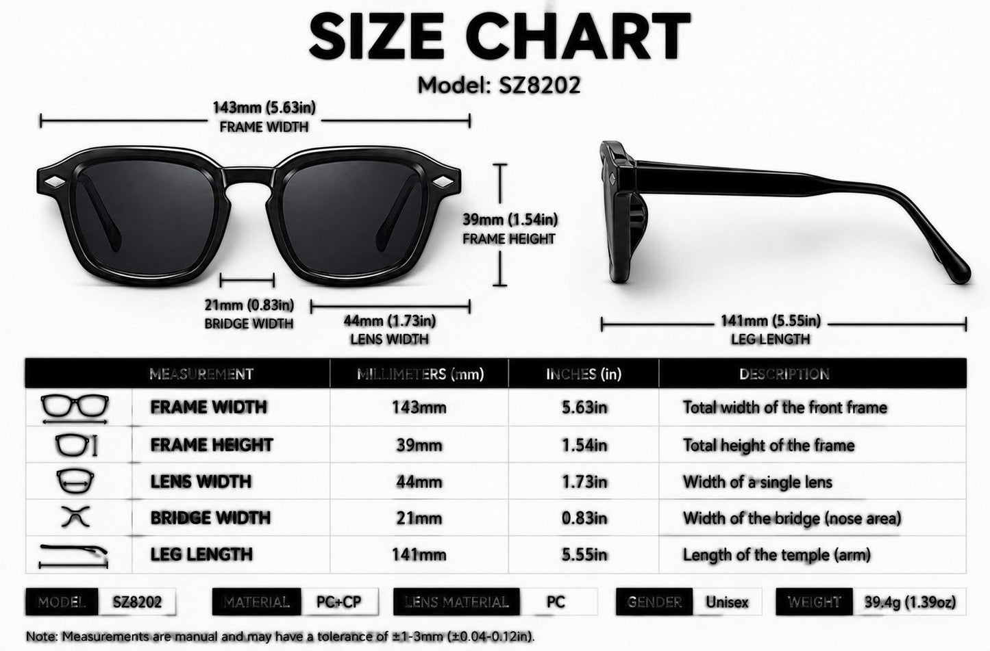 nadaraty eyewear Horus Dilta H 82 black acetate square sunglasses with UV400 lenses. Size chart details.