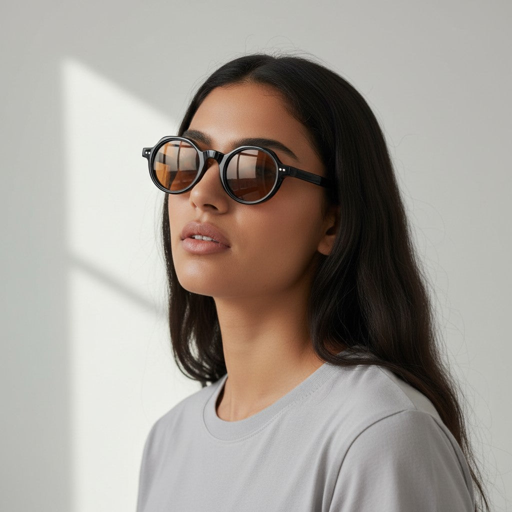 Nadaraty eyewear Horus Inferno H 139 black acetate round sunglasses with brown polarized lenses.
