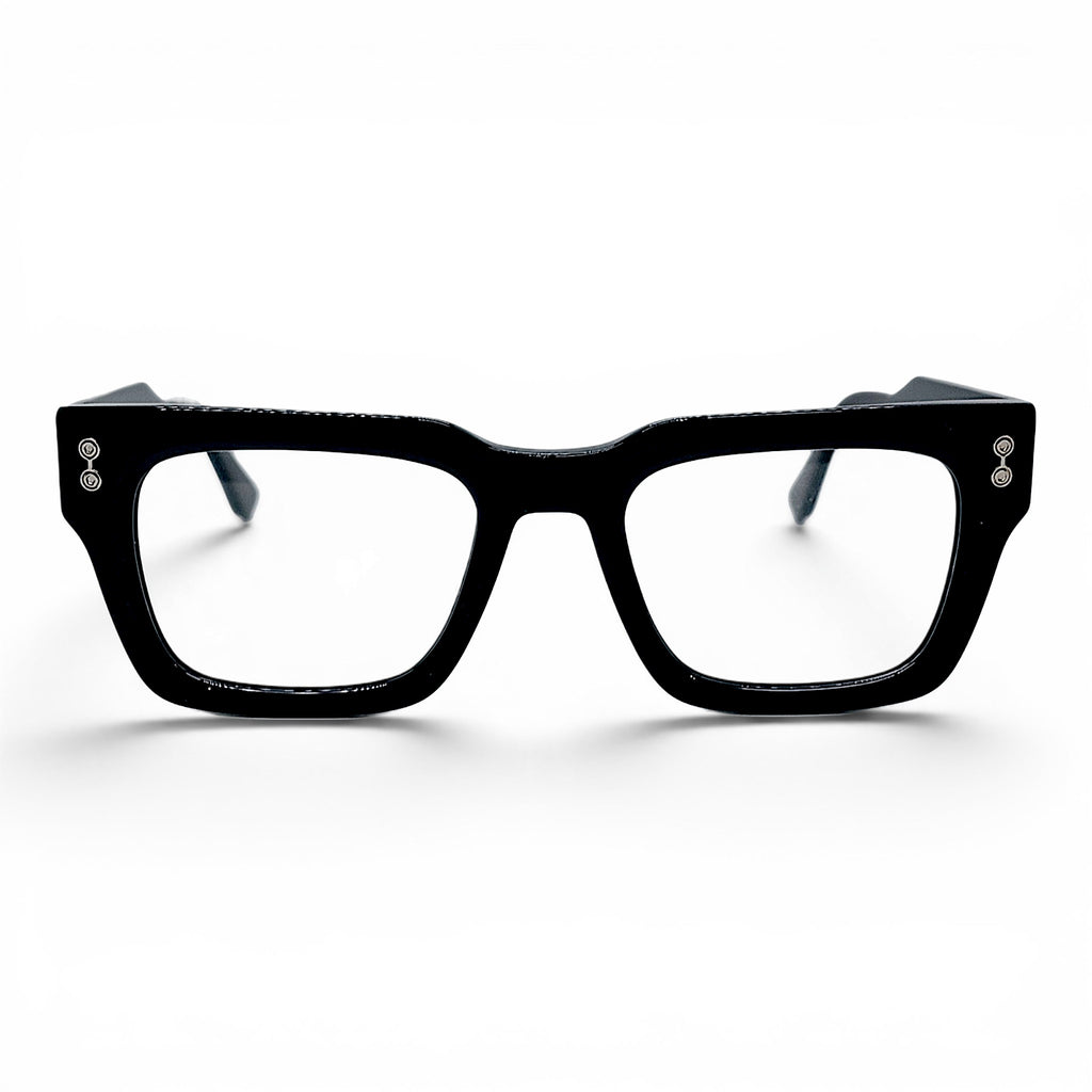 Nadaraty eyewear black acetate square frame glasses with silver double rivet detail.