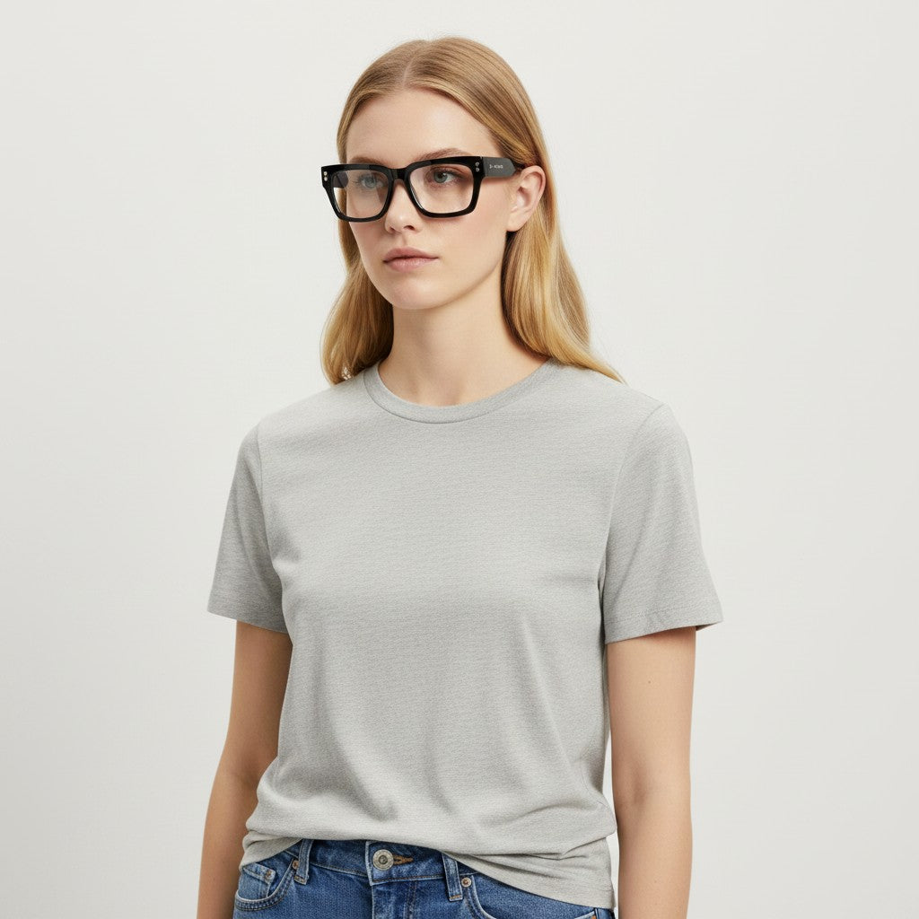 Nadaraty eyewear black acetate square frame glasses with silver accents and Prada logo on the temple.