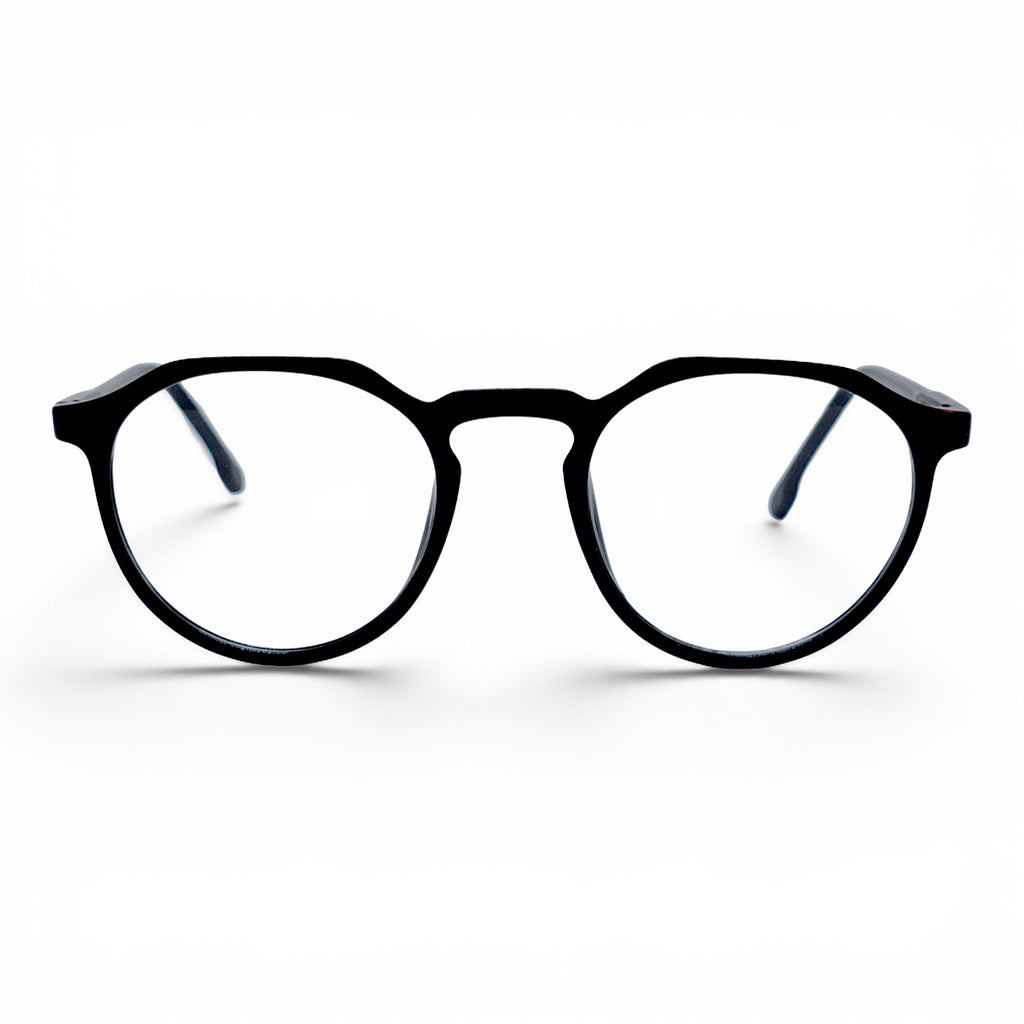nadaraty eyewear black acetate round eyeglasses with clear lenses and subtle logo detail on temples.