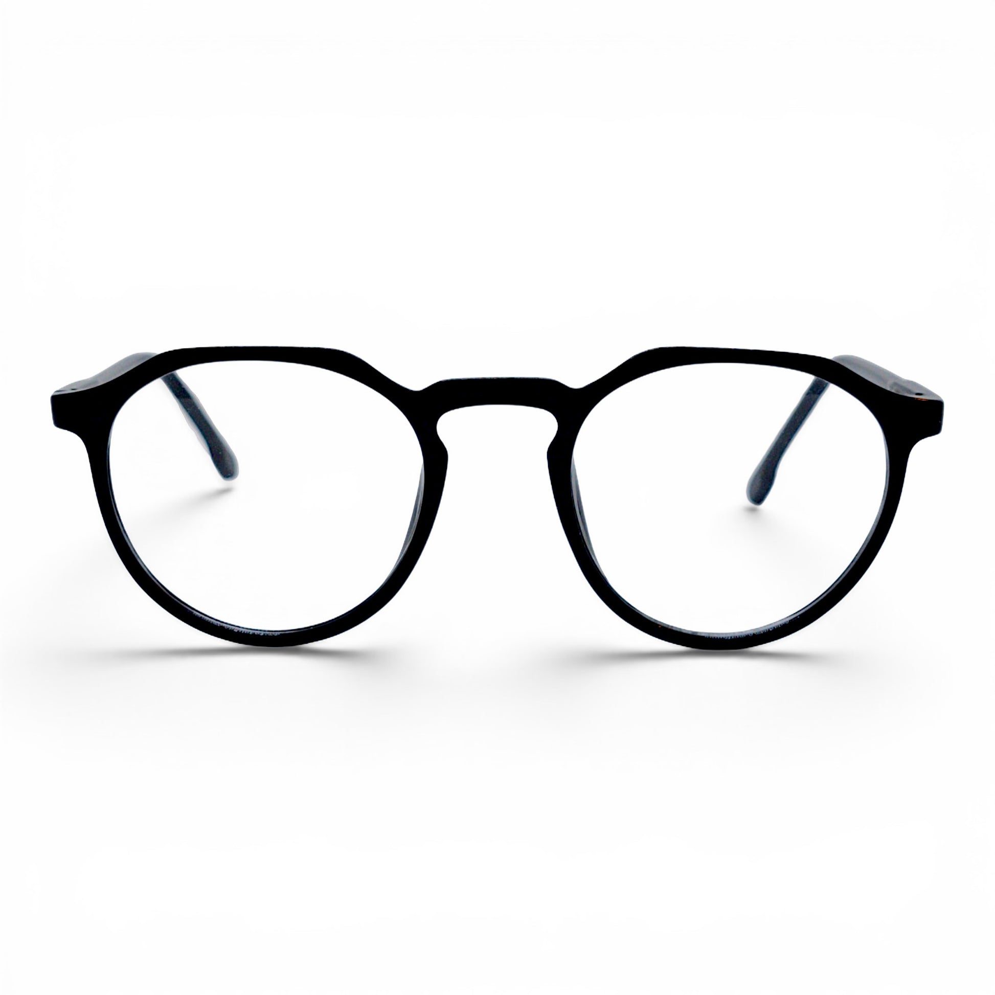 nadaraty eyewear black acetate round eyeglasses with clear lenses and subtle logo detail on temples.