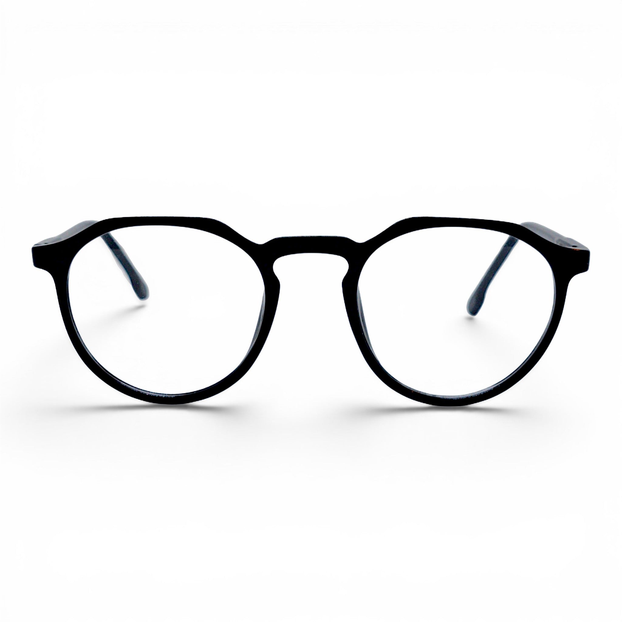 nadaraty eyewear black acetate round eyeglasses with clear lenses and subtle logo detail on temples.