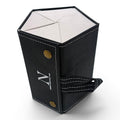 Black faux leather glasses organizer with white stitching and brass snaps. Holds 5 pairs of glasses.