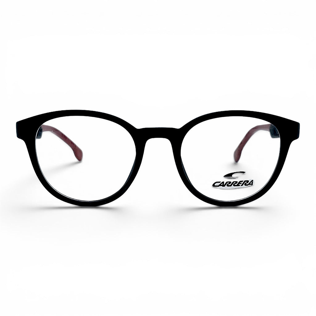 nadaraty eyewear black round eyeglasses with red accents on the temples and Carrera logo