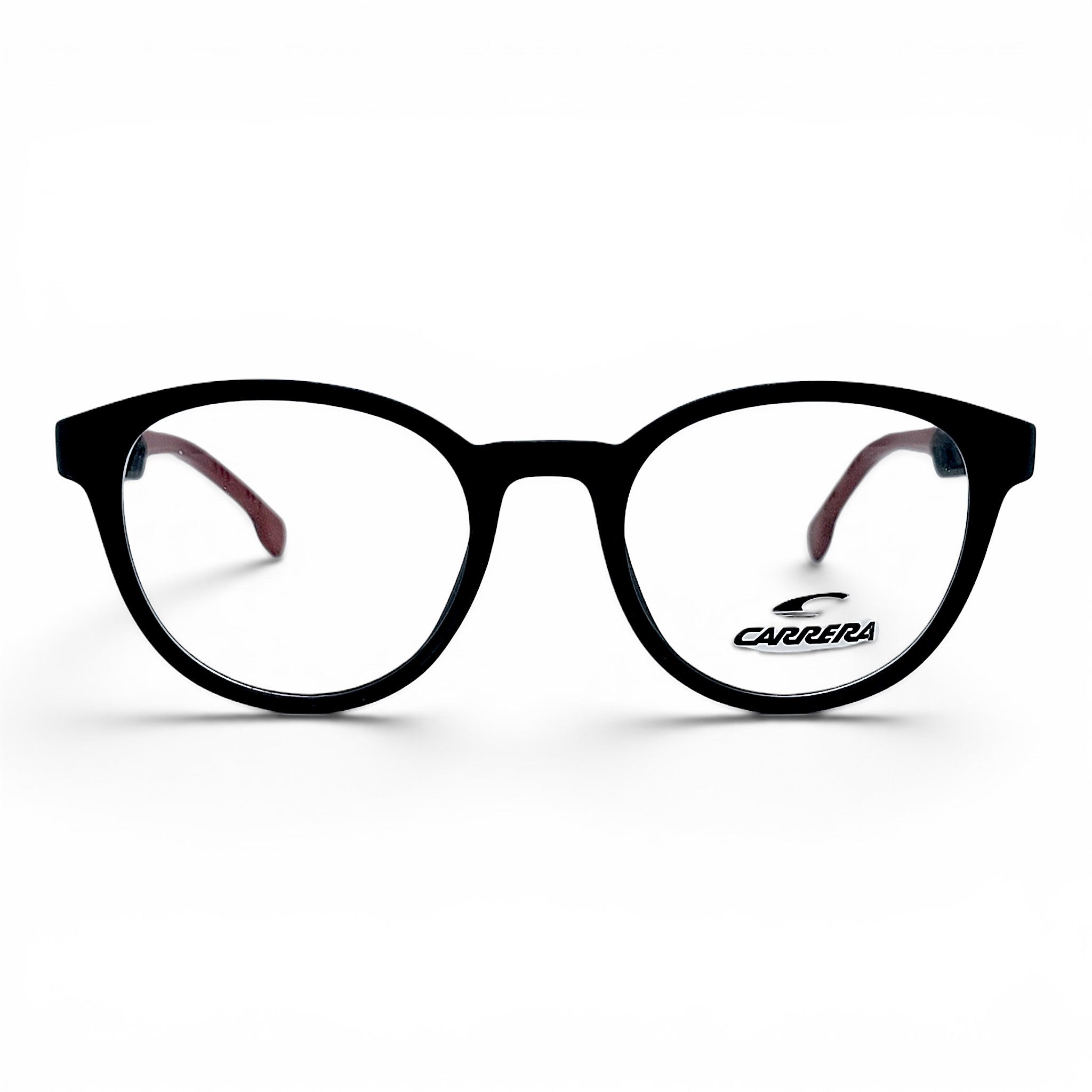 nadaraty eyewear black round eyeglasses with red accents on the temples and Carrera logo