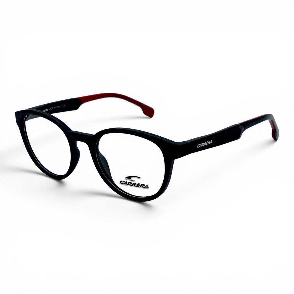 nadaraty eyewear black round acetate eyeglasses with red temple tips and Carrera logo