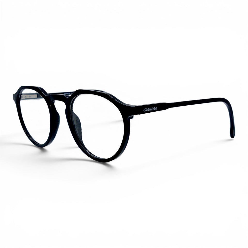 Black acetate round CARRERA eyeglasses with logo on temples. Lightweight and durable frames for everyday wear.