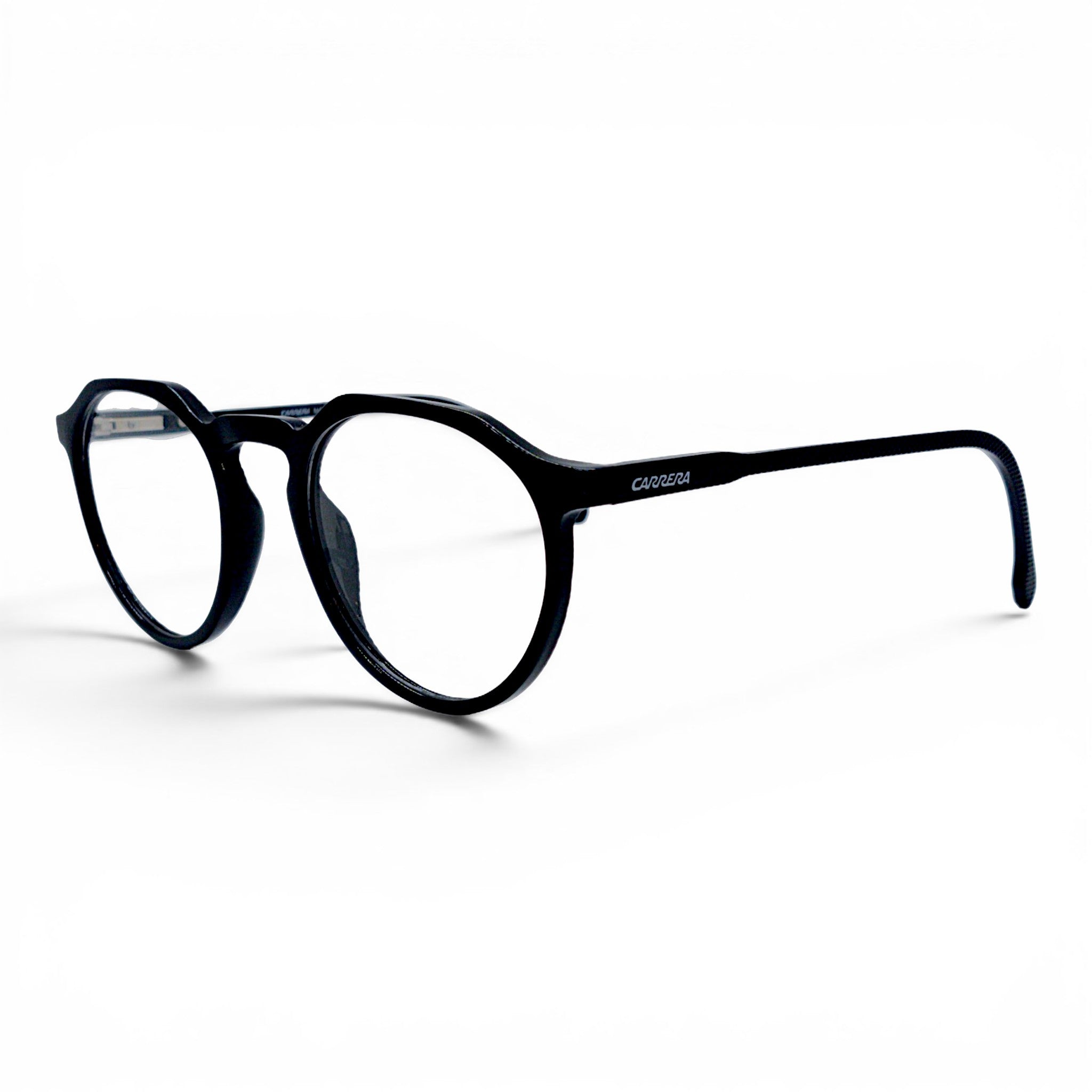 Black acetate round CARRERA eyeglasses with logo on temples. Lightweight and durable frames for everyday wear.