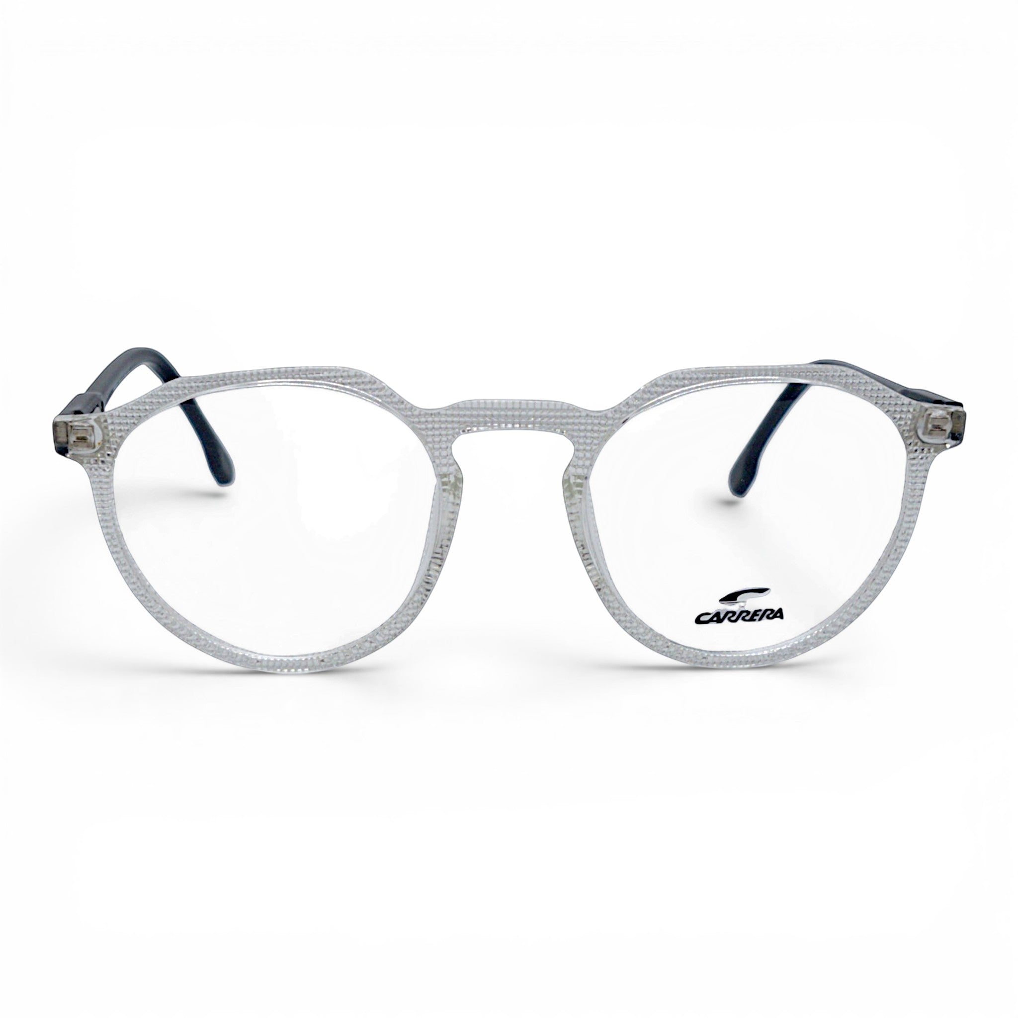 nadaraty eyewear CARRERA clear acetate round eyeglasses with textured frames and black temples.