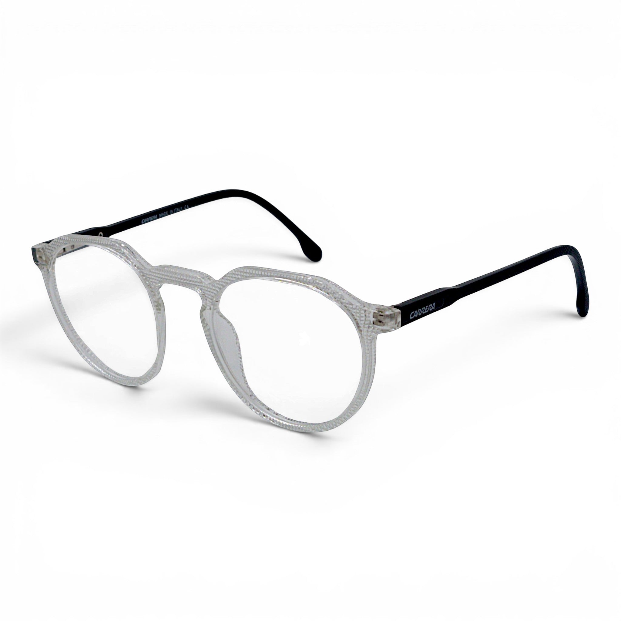 Clear acetate round eyeglasses with black temples and CARRERA logo. Lightweight and stylish.