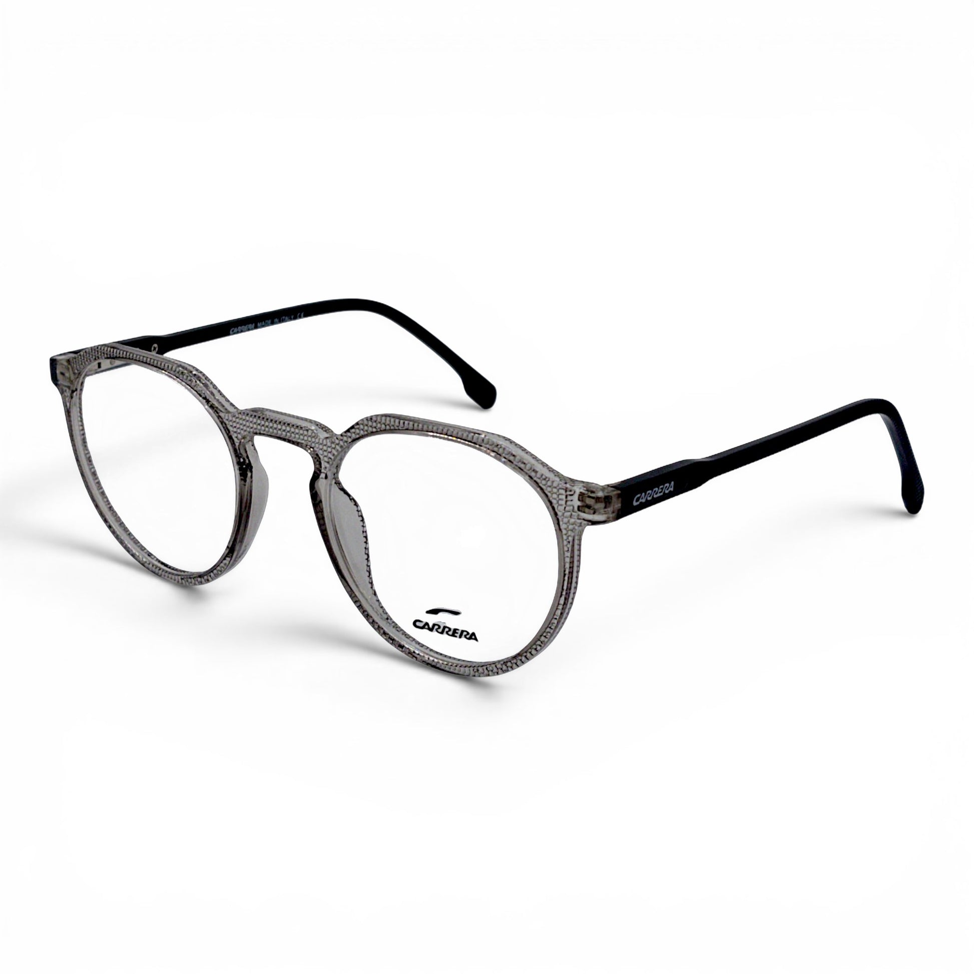 Nadaraty Eyewear Cr Slim gray round eyeglasses with textured clear frames and black temples.