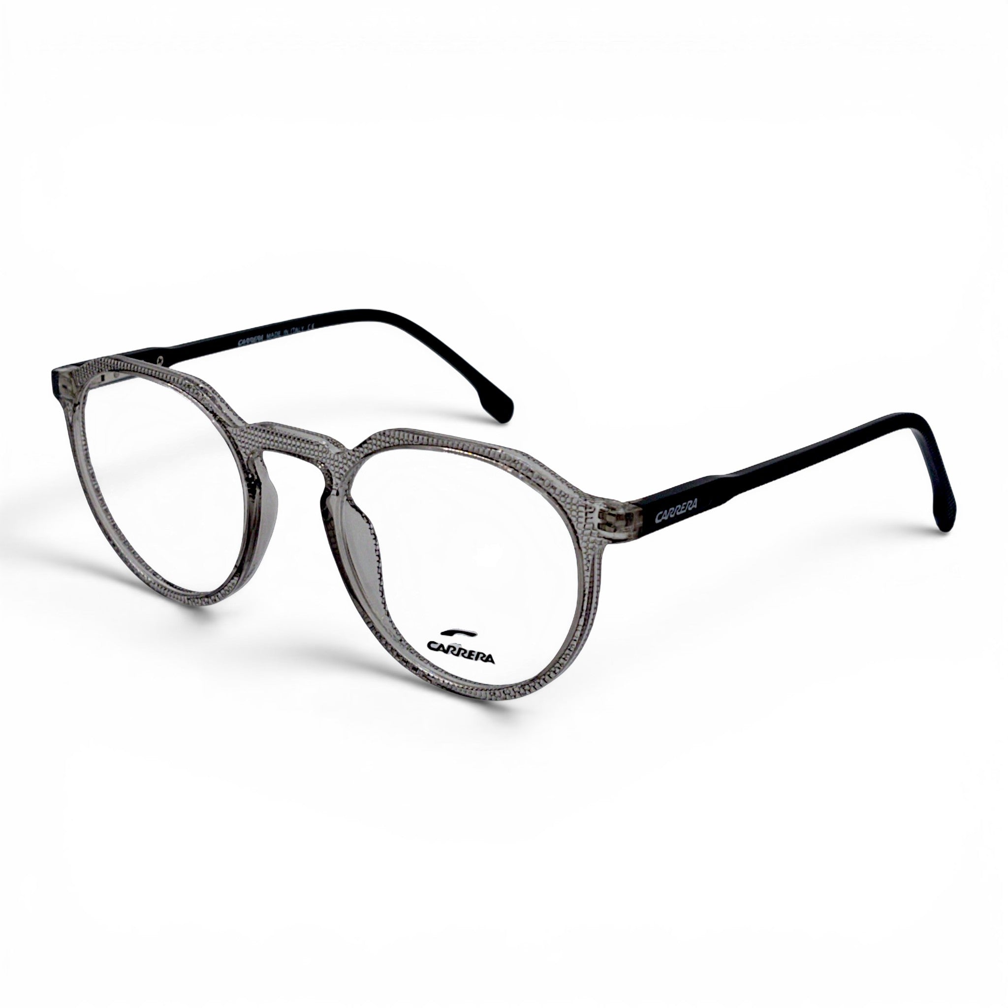 Nadaraty Eyewear Cr Slim gray round eyeglasses with textured clear frames and black temples.