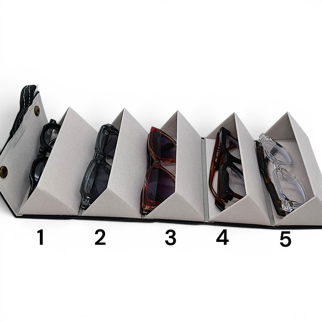 nadaraty eyewear gray fabric glasses organizer holding 5 pairs of sunglasses and eyeglasses