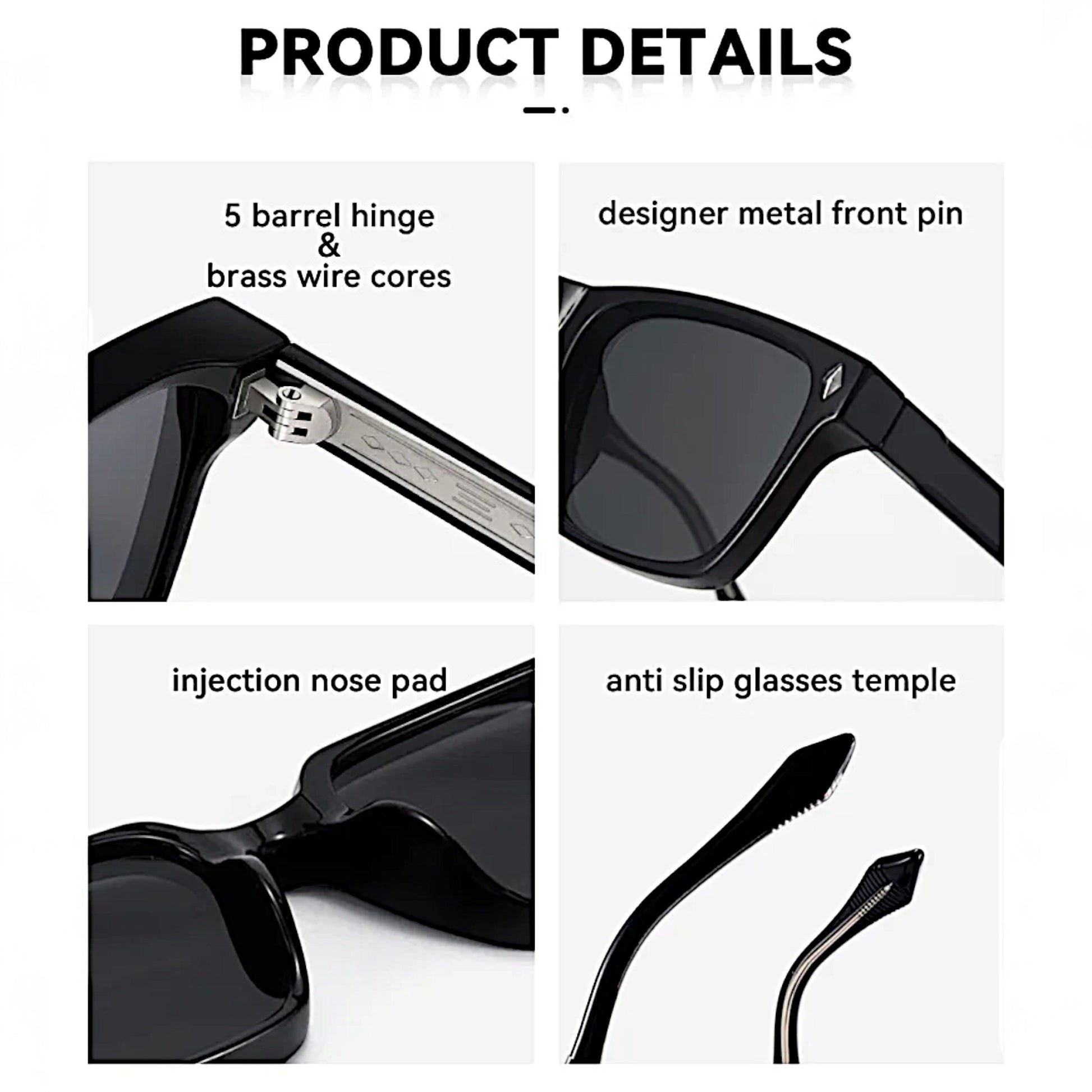 nadaraty eyewear Horus Dagger black acetate rectangular sunglasses with polarized UV400 lenses and metal front pin.