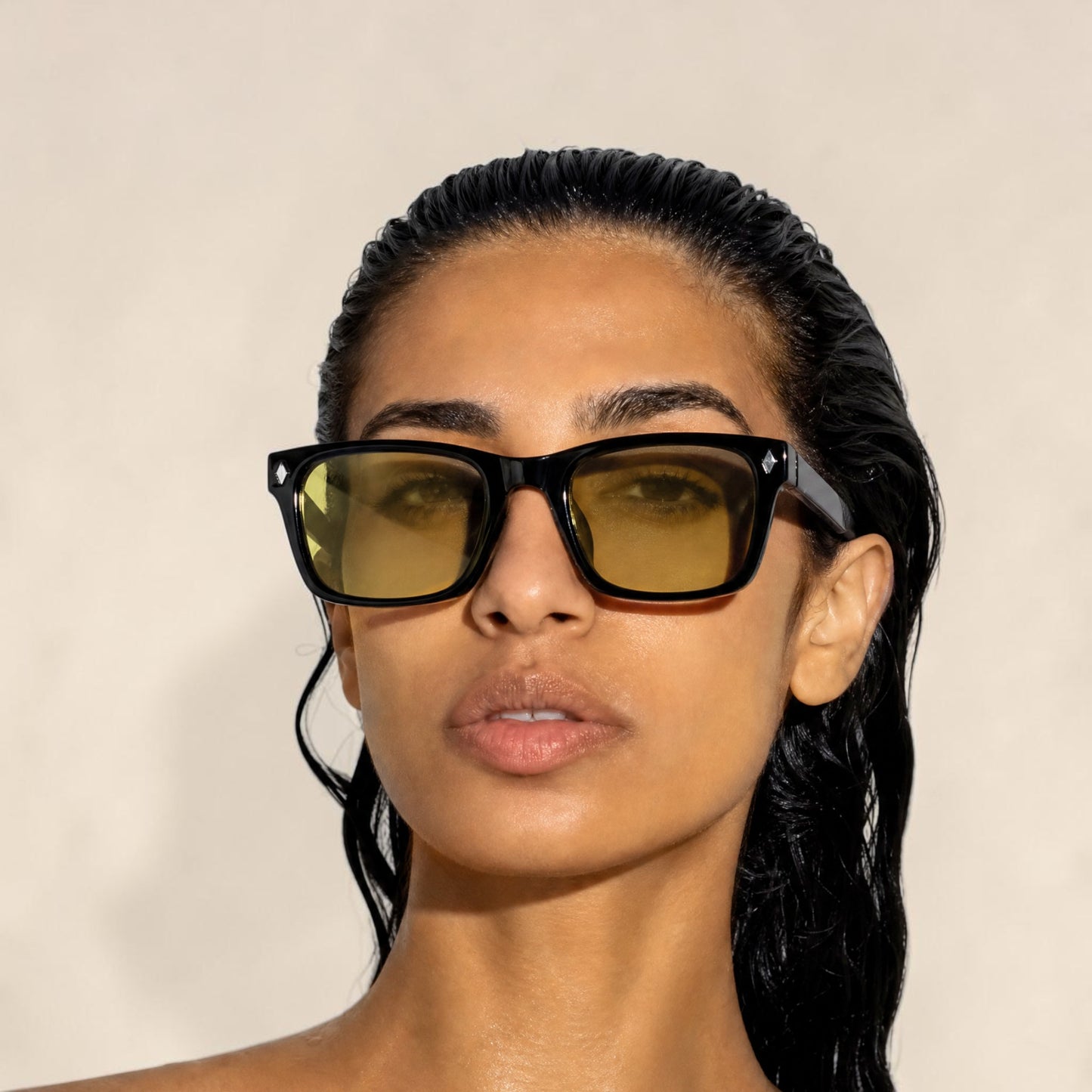 nadaraty eyewear Horus Dagger black acetate rectangular sunglasses with yellow polarized UV400 lenses.