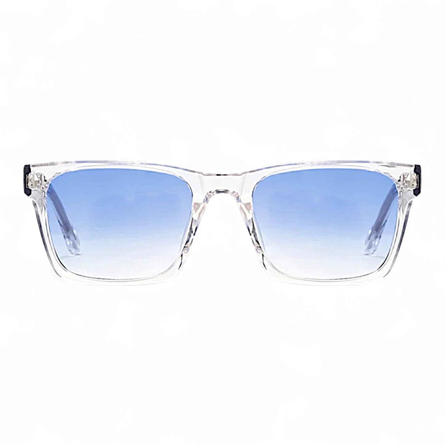 nadaraty eyewear Horus Dagger clear acetate rectangular sunglasses with blue gradient polarized lenses.