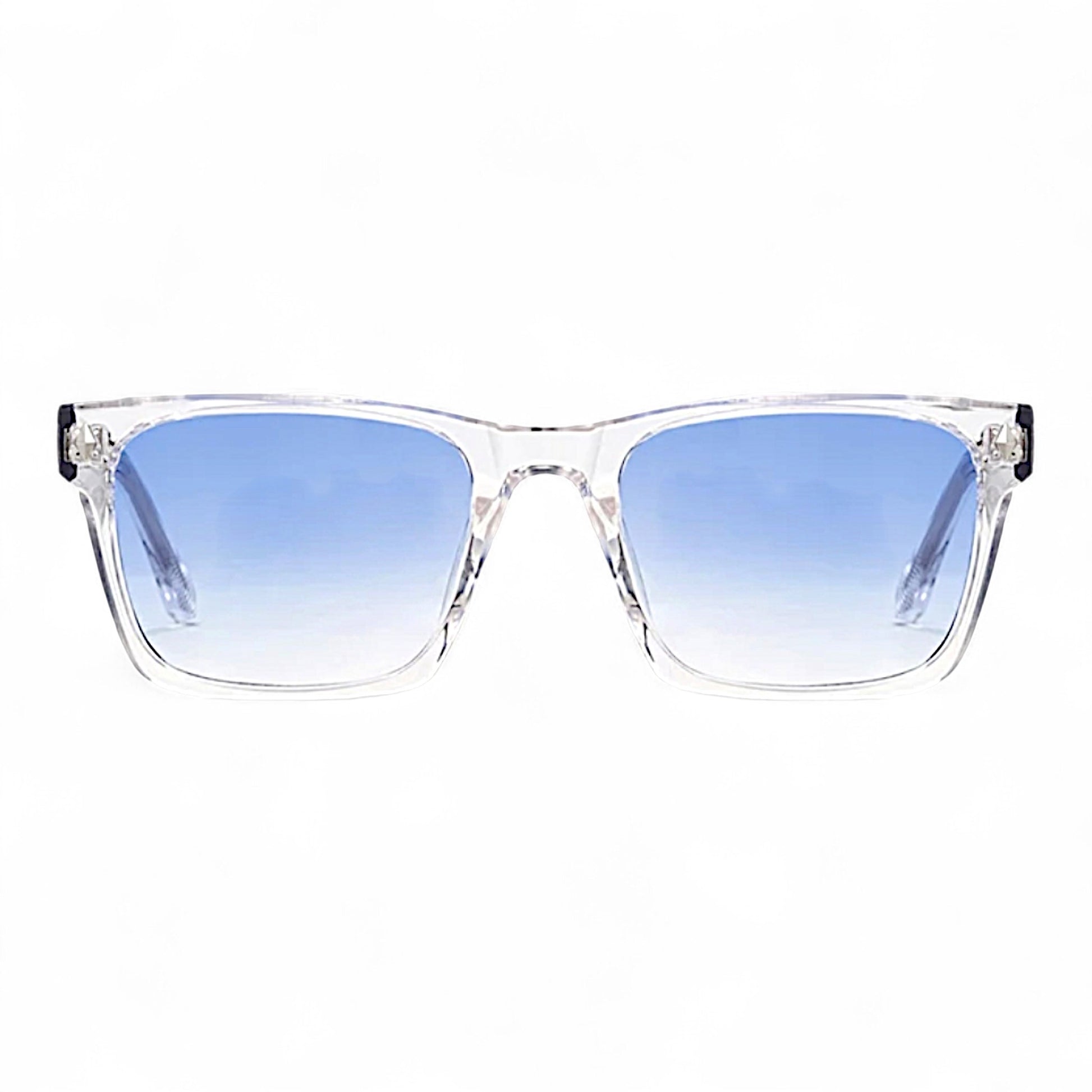 nadaraty eyewear Horus Dagger clear acetate rectangular sunglasses with blue gradient polarized lenses.