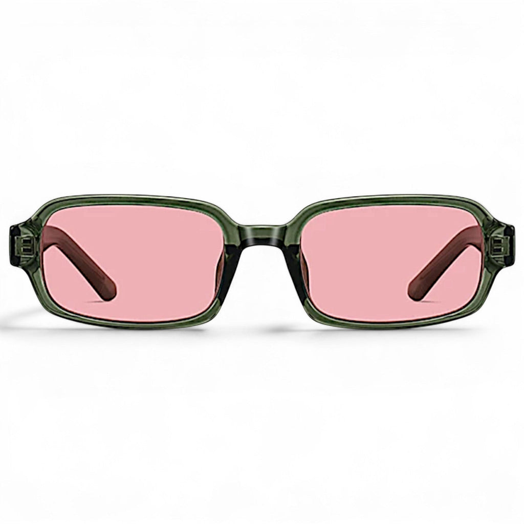 nadaraty eyewear Horus Dante h188 rectangular sunglasses with green acetate frames and pink lenses.