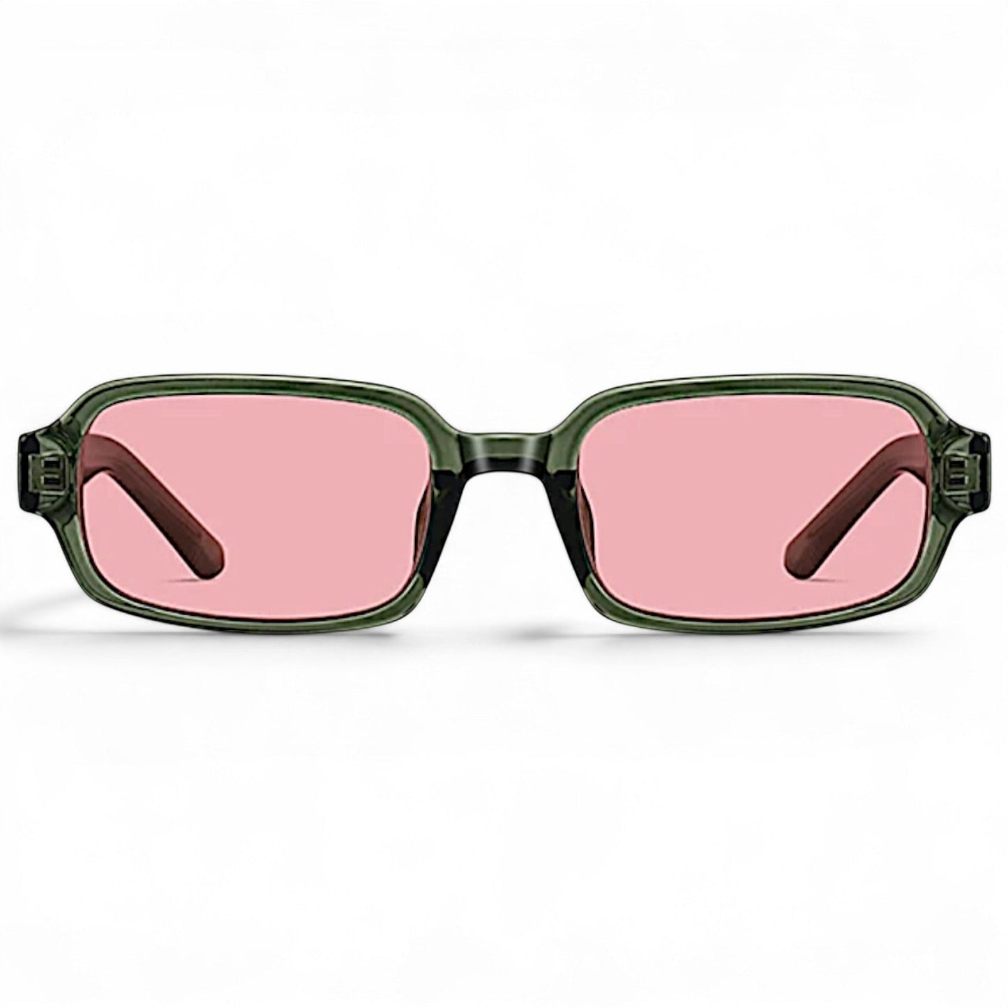 nadaraty eyewear Horus Dante h188 rectangular sunglasses with green acetate frames and pink lenses.