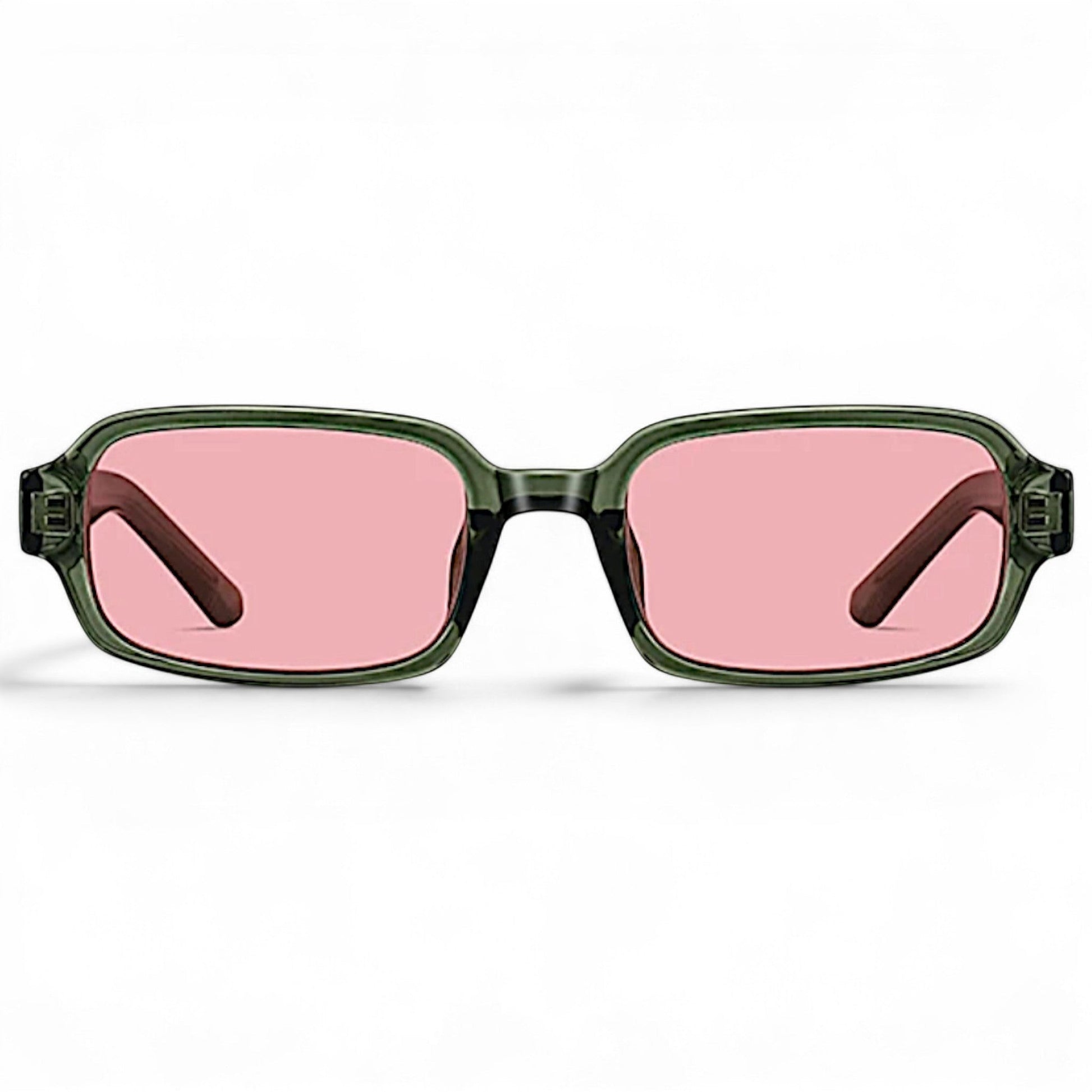 nadaraty eyewear Horus Dante h188 rectangular sunglasses with green acetate frames and pink lenses.