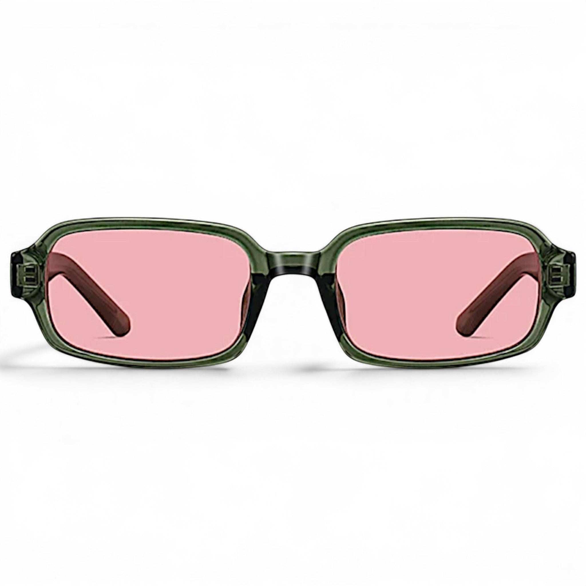 nadaraty eyewear Horus Dante h188 rectangular sunglasses with green acetate frames and pink lenses.