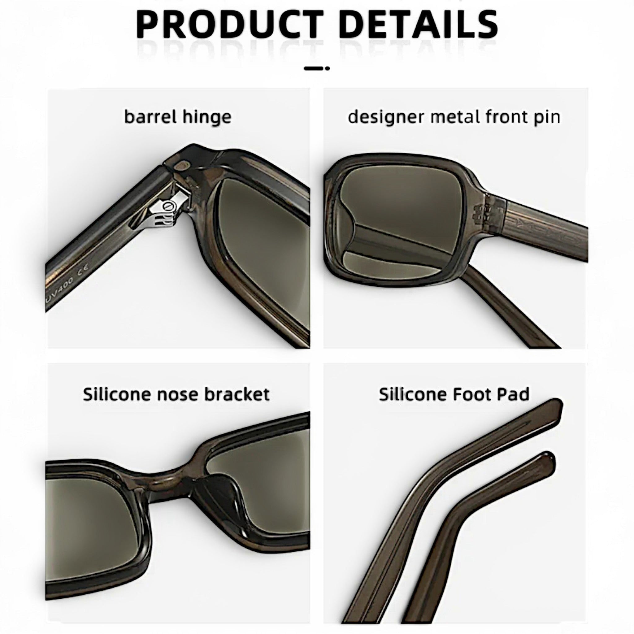 nadaraty eyewear Horus Dante h188 sunglasses with thick acetate rectangular frame, silicone nose pads, and barrel hinges.