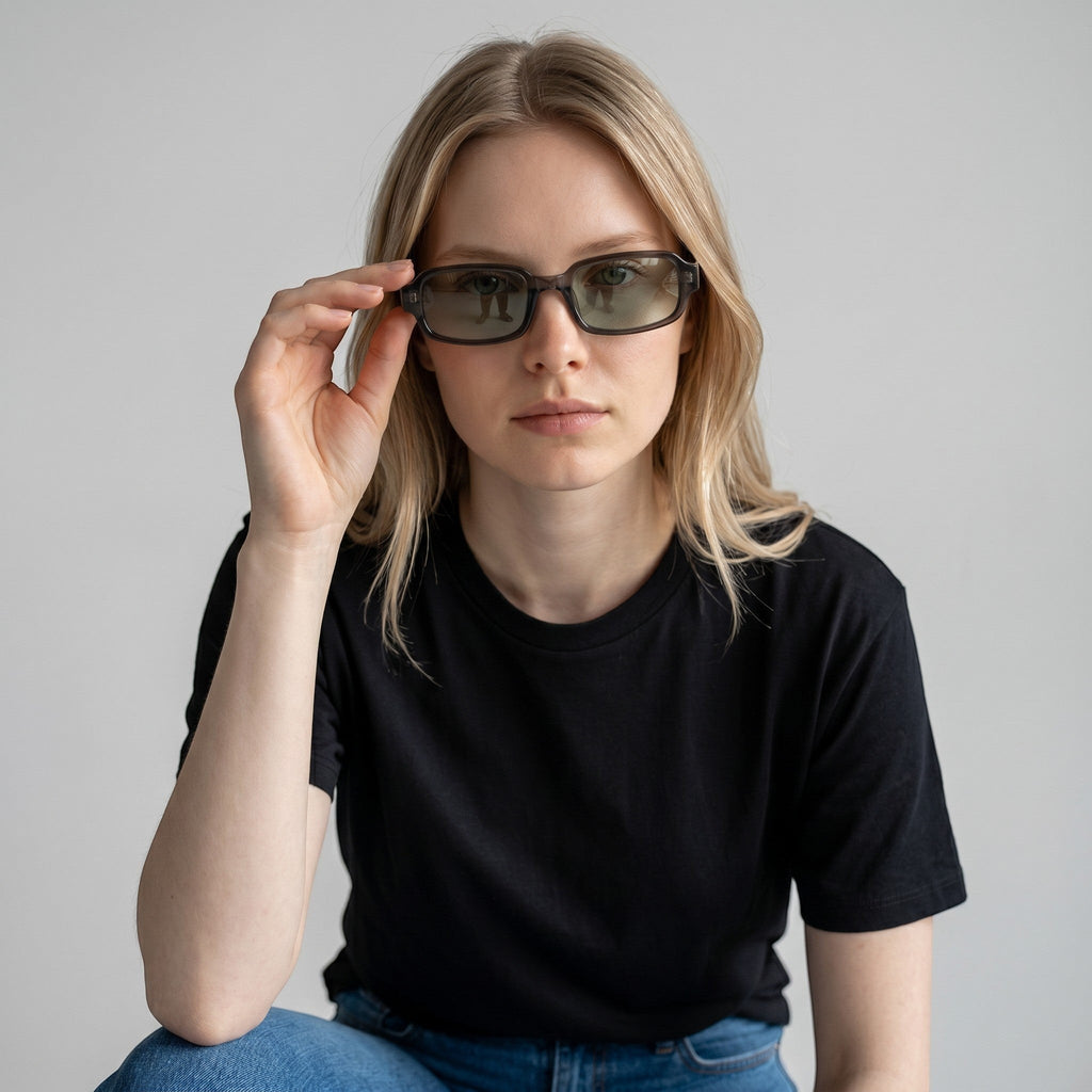 nadaraty eyewear Horus Dante h188 sunglasses with thick, rectangular acetate frames and light grey lenses.