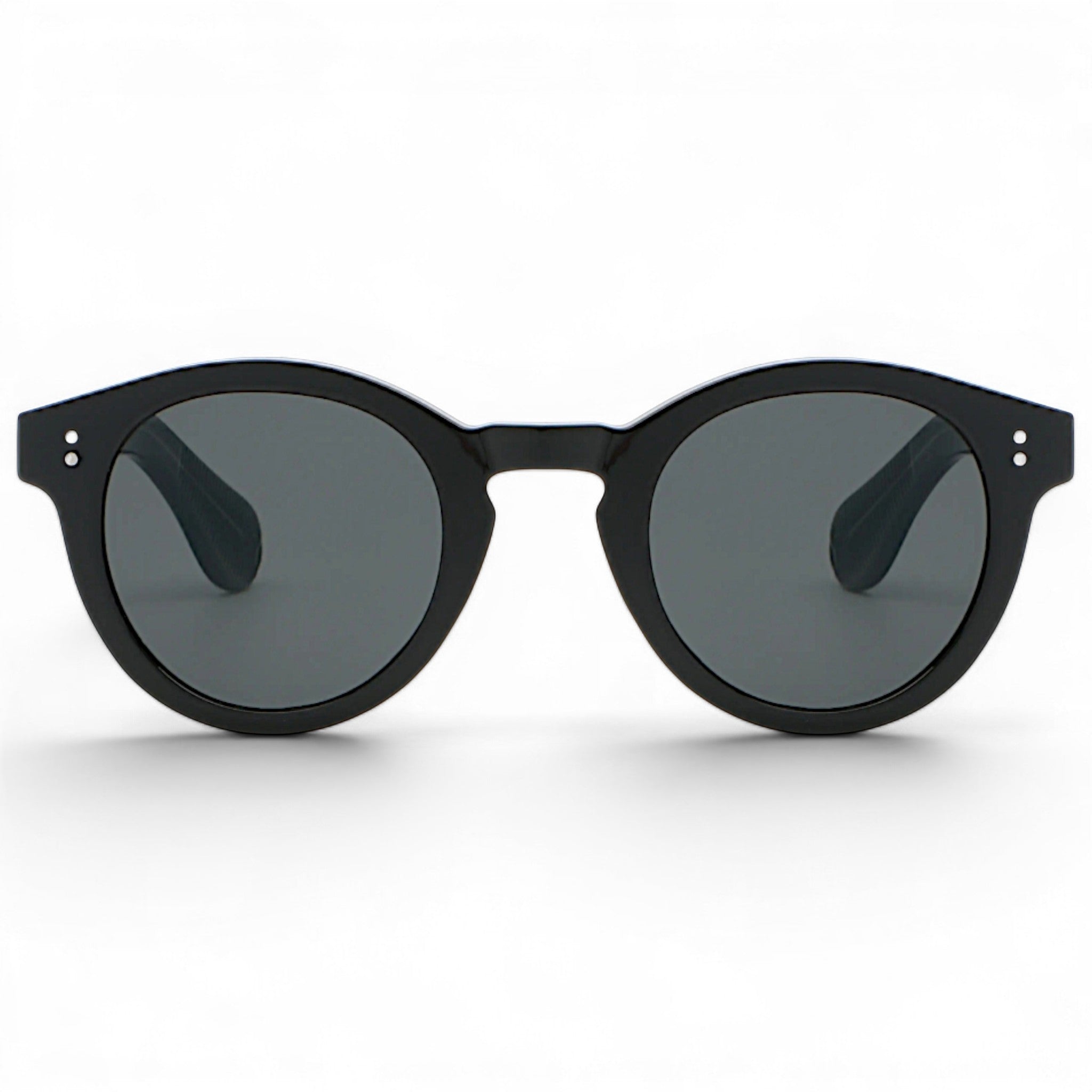 nadaraty eyewear Horus Darko H 194 black round acetate sunglasses with dark grey lenses and silver dot accents.