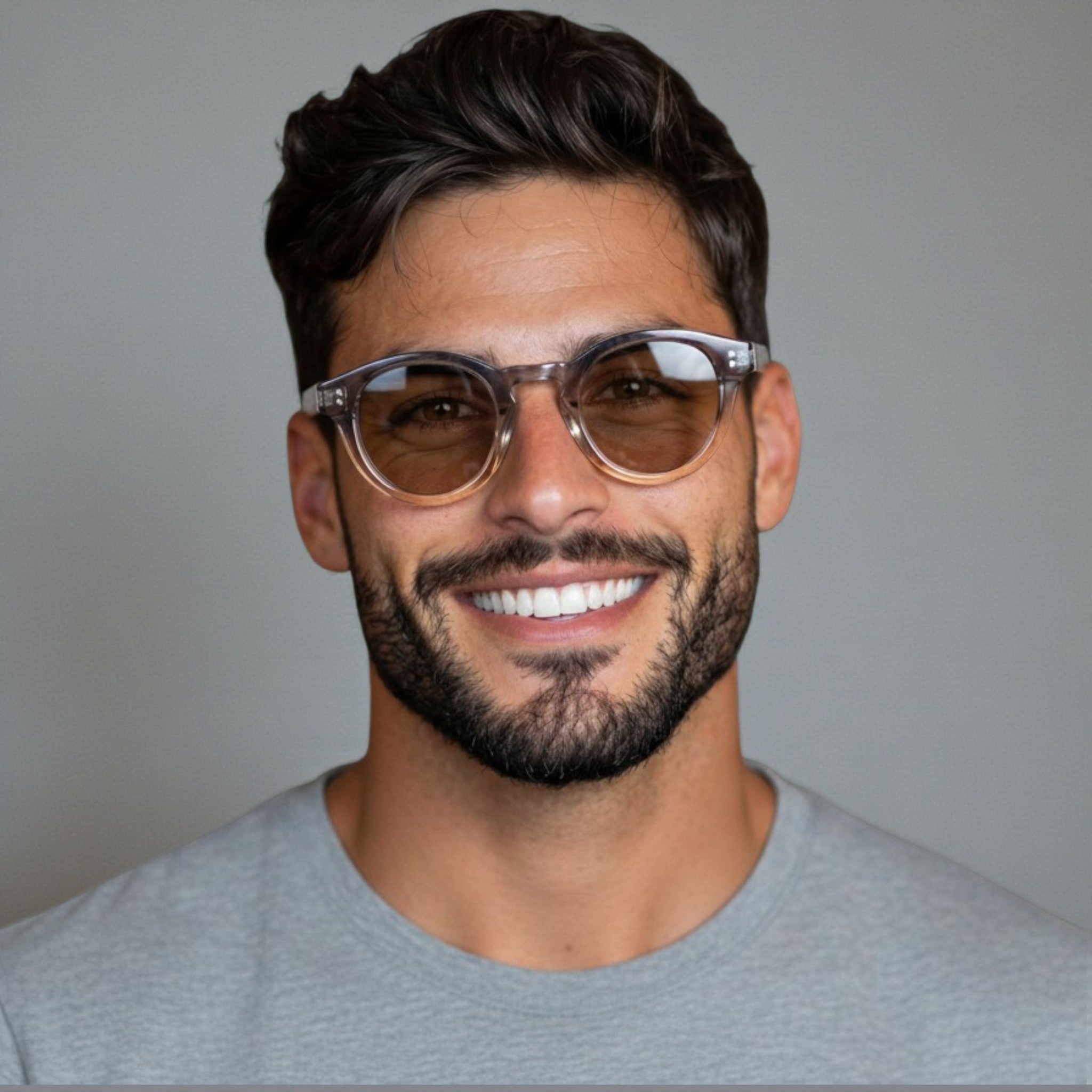 nadaraty eyewear Horus Darko H 194 translucent grey round acetate sunglasses with light brown lenses.