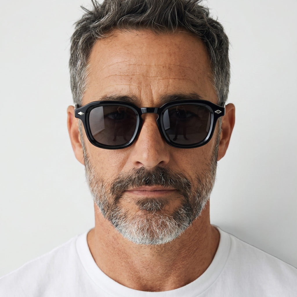 Nadaraty Eyewear Horus Delta H 82 black acetate sunglasses with UV400 lenses and diamond detail.