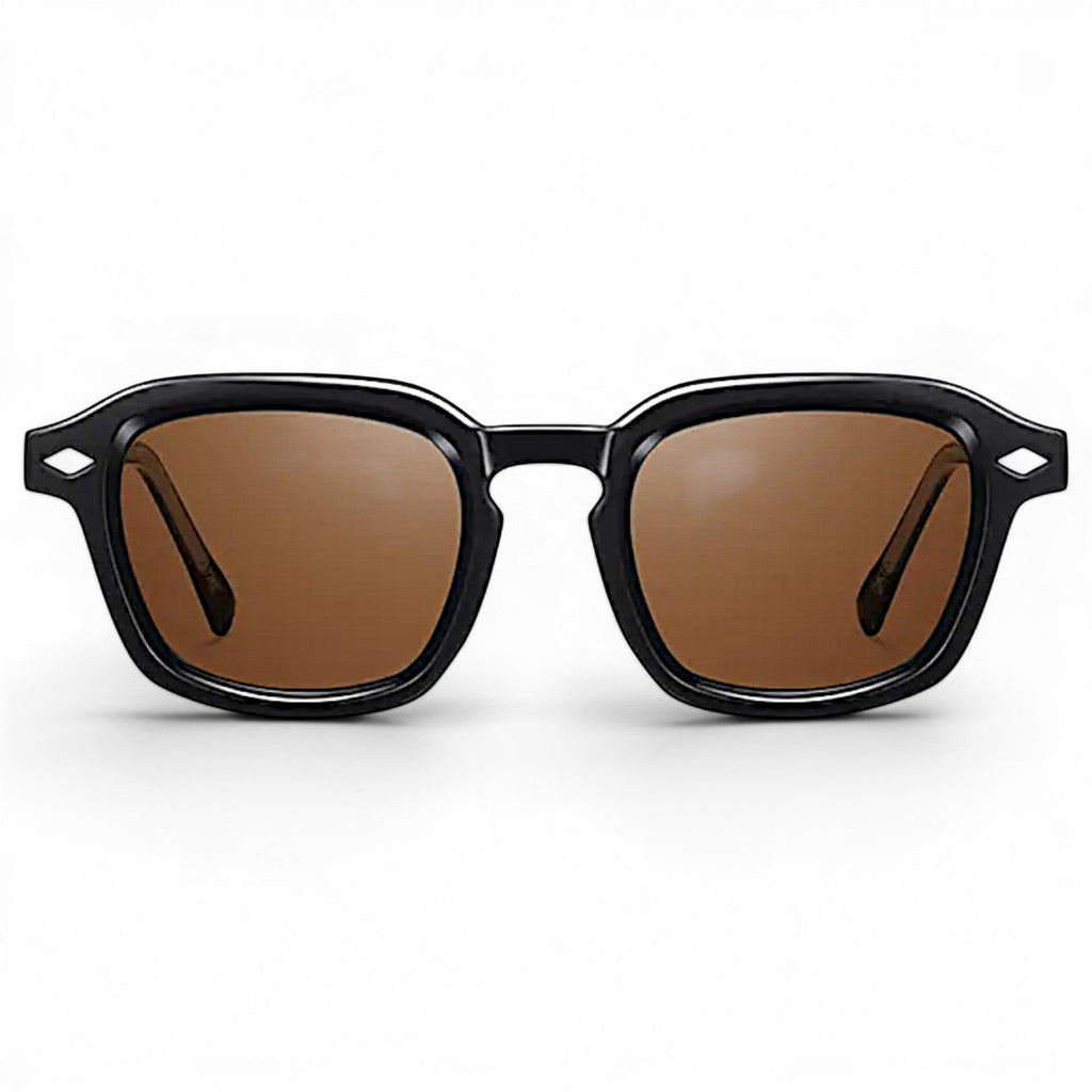 Nadaraty Eyewear Horus Delta H 82 black acetate sunglasses with brown lenses and diamond detail.