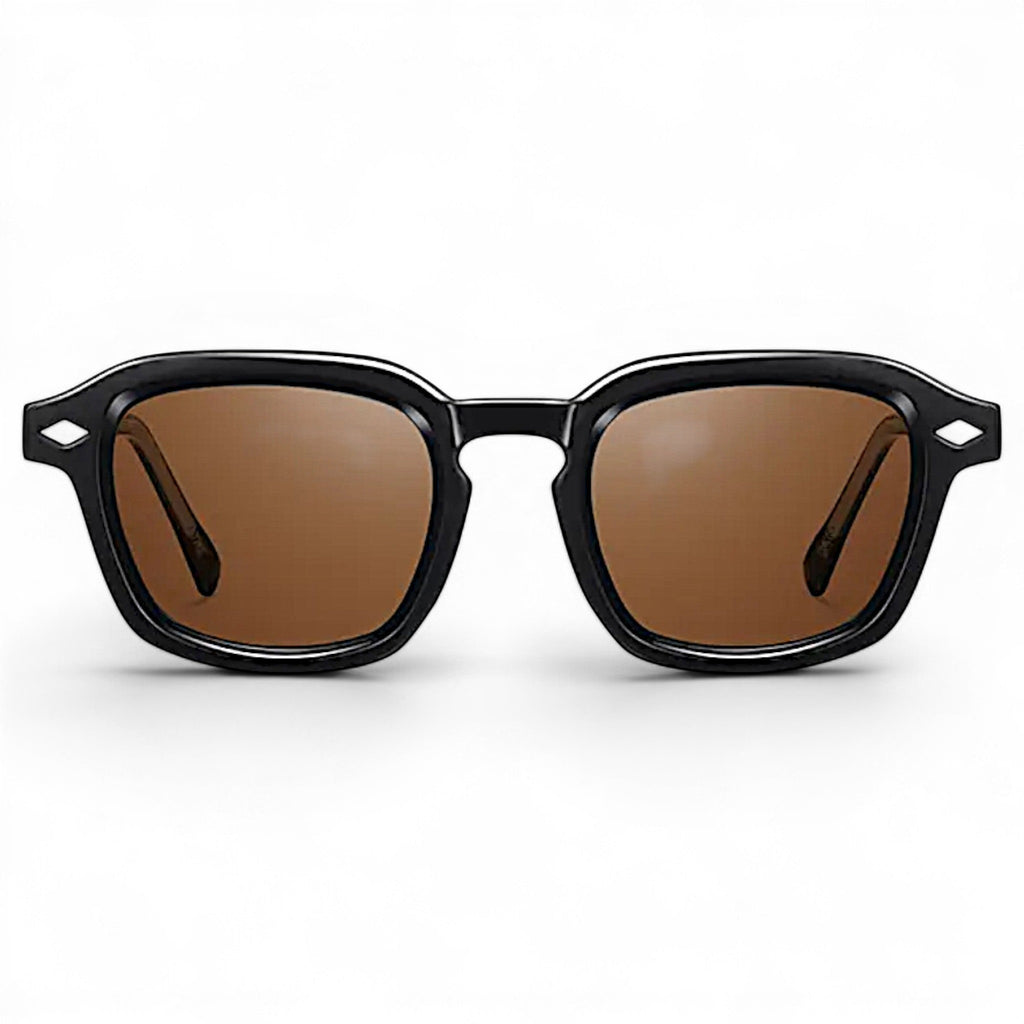nadaraty eyewear Horus Delta H 82 black acetate sunglasses with brown lenses and diamond accents.