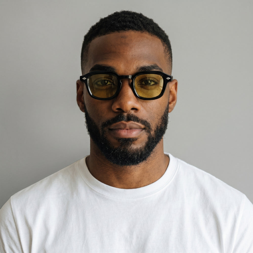 Nadaraty eyewear Horus Dilta H 82 black acetate square sunglasses with yellow lenses and UV400 protection.
