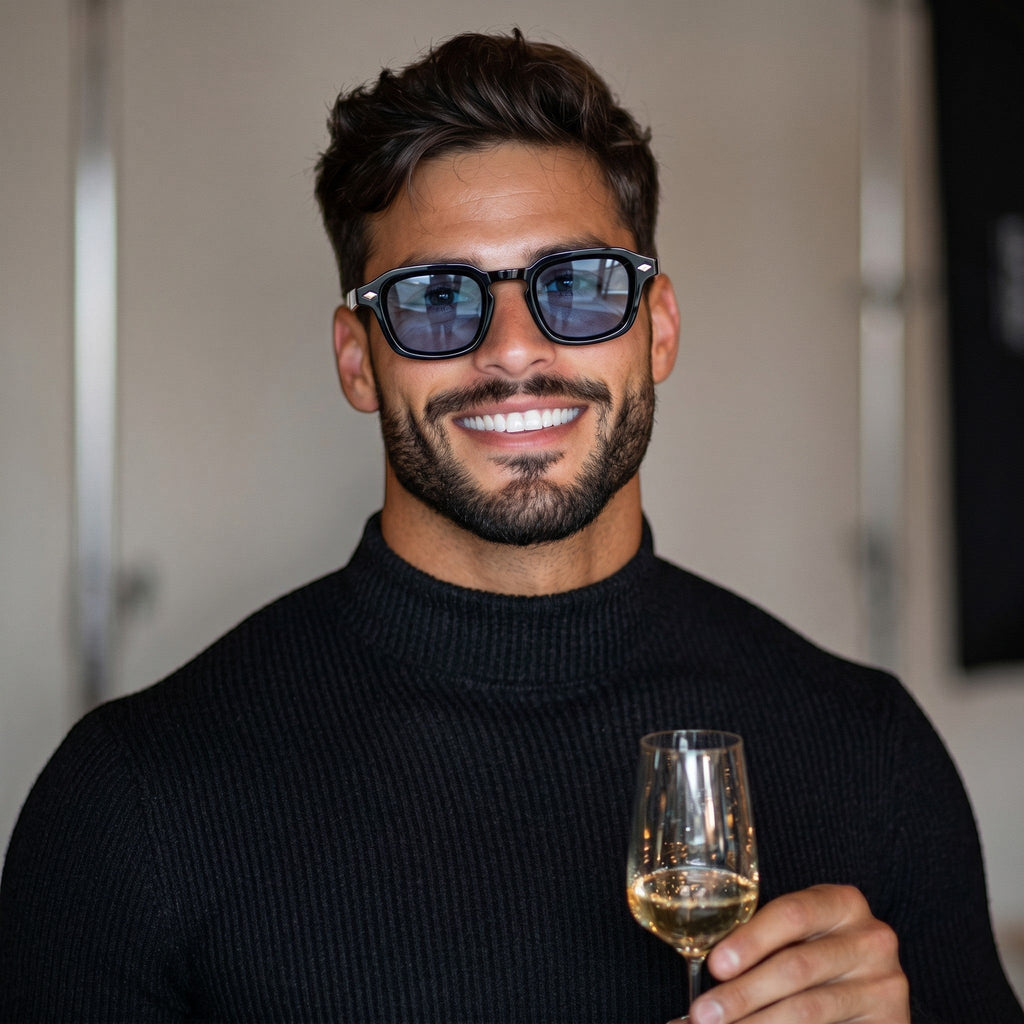 nadaraty eyewear Horus Dilta H 82 black acetate square sunglasses with blue UV400 lenses.