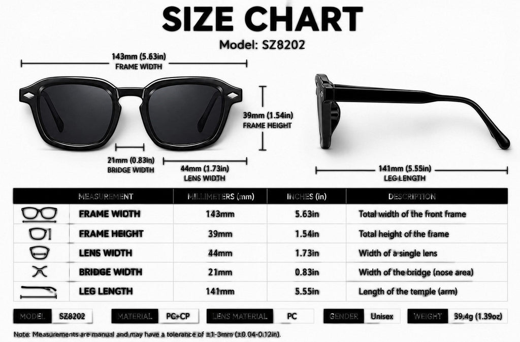 nadaraty eyewear Horus Dilta H 82 black acetate square sunglasses with UV400 lenses. Size chart details.