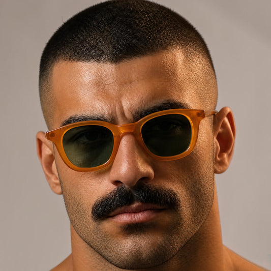nadaraty eyewear Horus Empire H 170 sunglasses with orange acetate frame and light green polarized lenses.