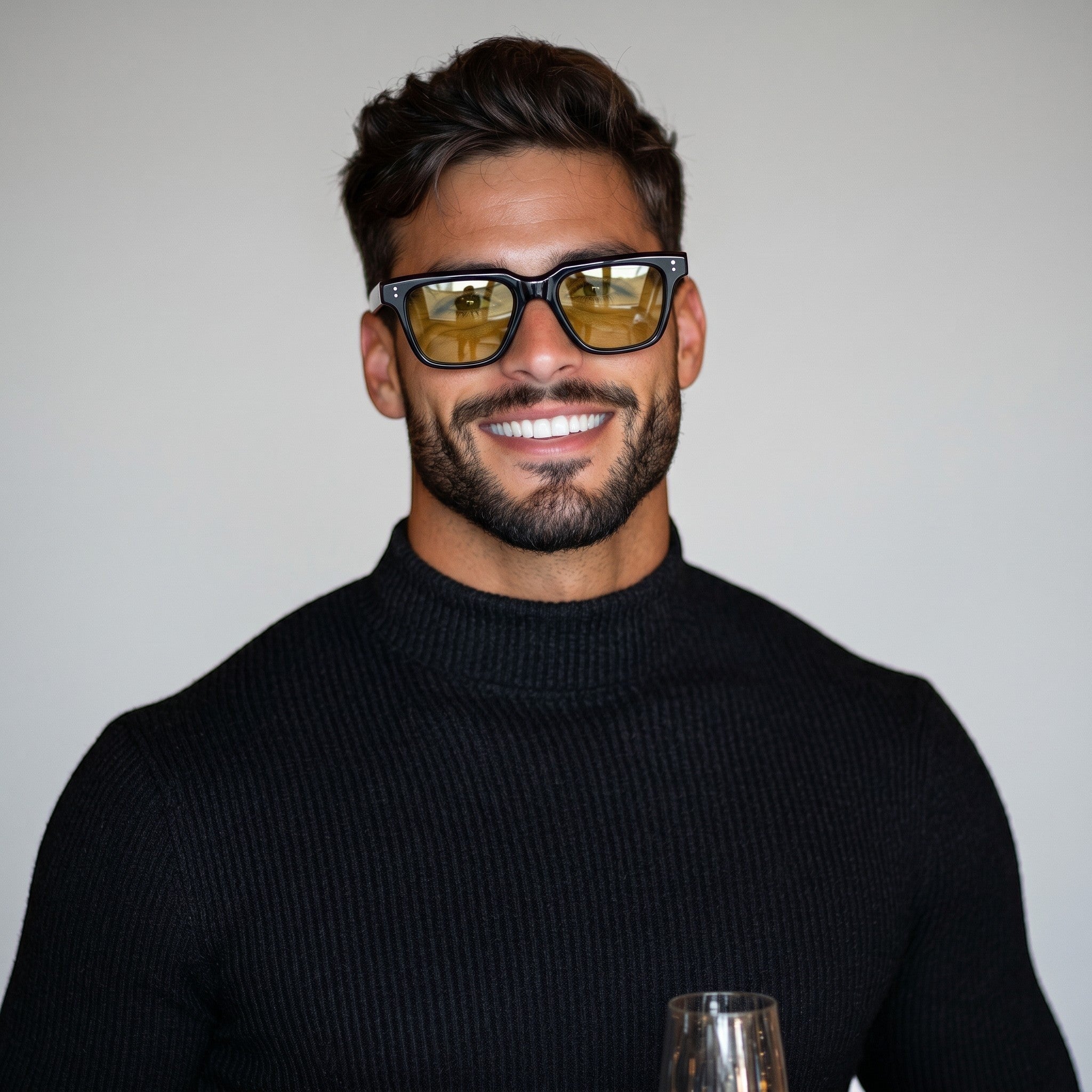 nadaraty eyewear Horus Fit H 133 black acetate square sunglasses with yellow lenses.