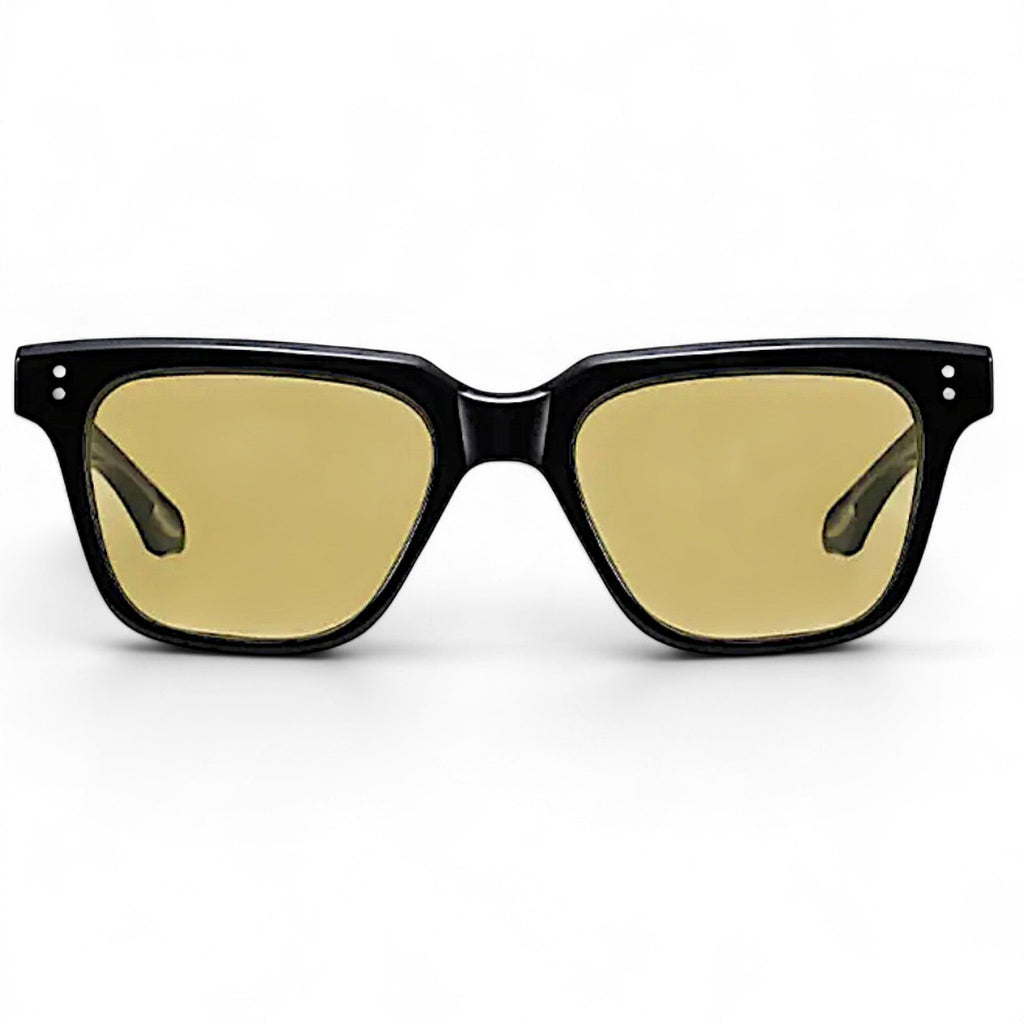 nadaraty eyewear Horus Fit H 133 black acetate square sunglasses with yellow lenses and silver dot accents.