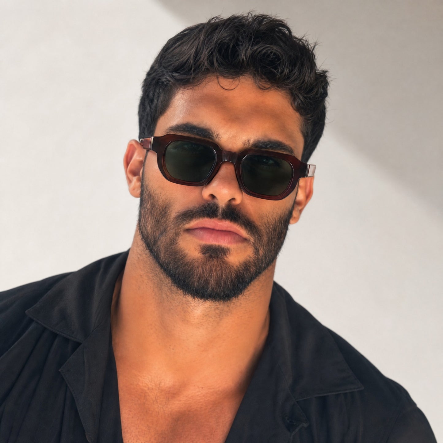 nadaraty eyewear Horus Fury H 136 square sunglasses in dark brown acetate with green UV400 lenses.