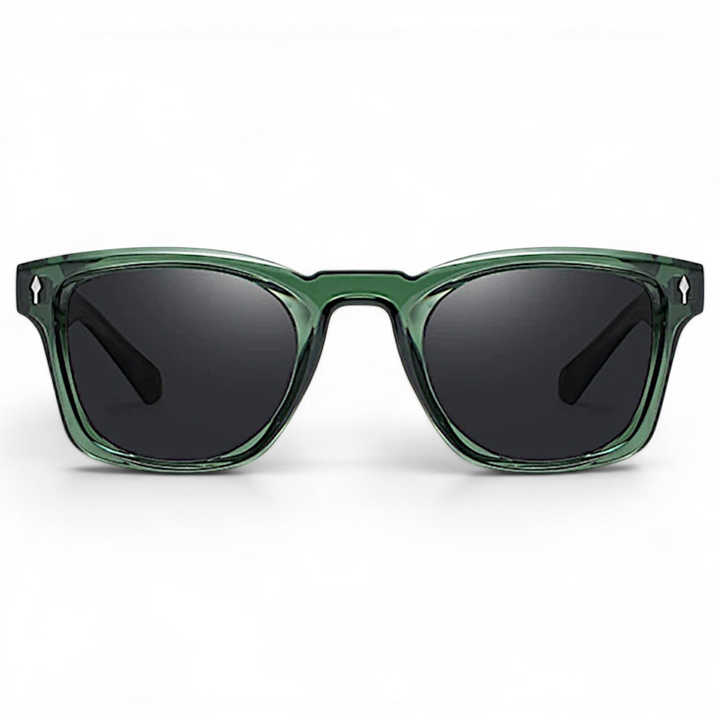 nadaraty eyewear Horus Kaizon sunglasses in translucent green acetate with dark lenses and silver rivets.