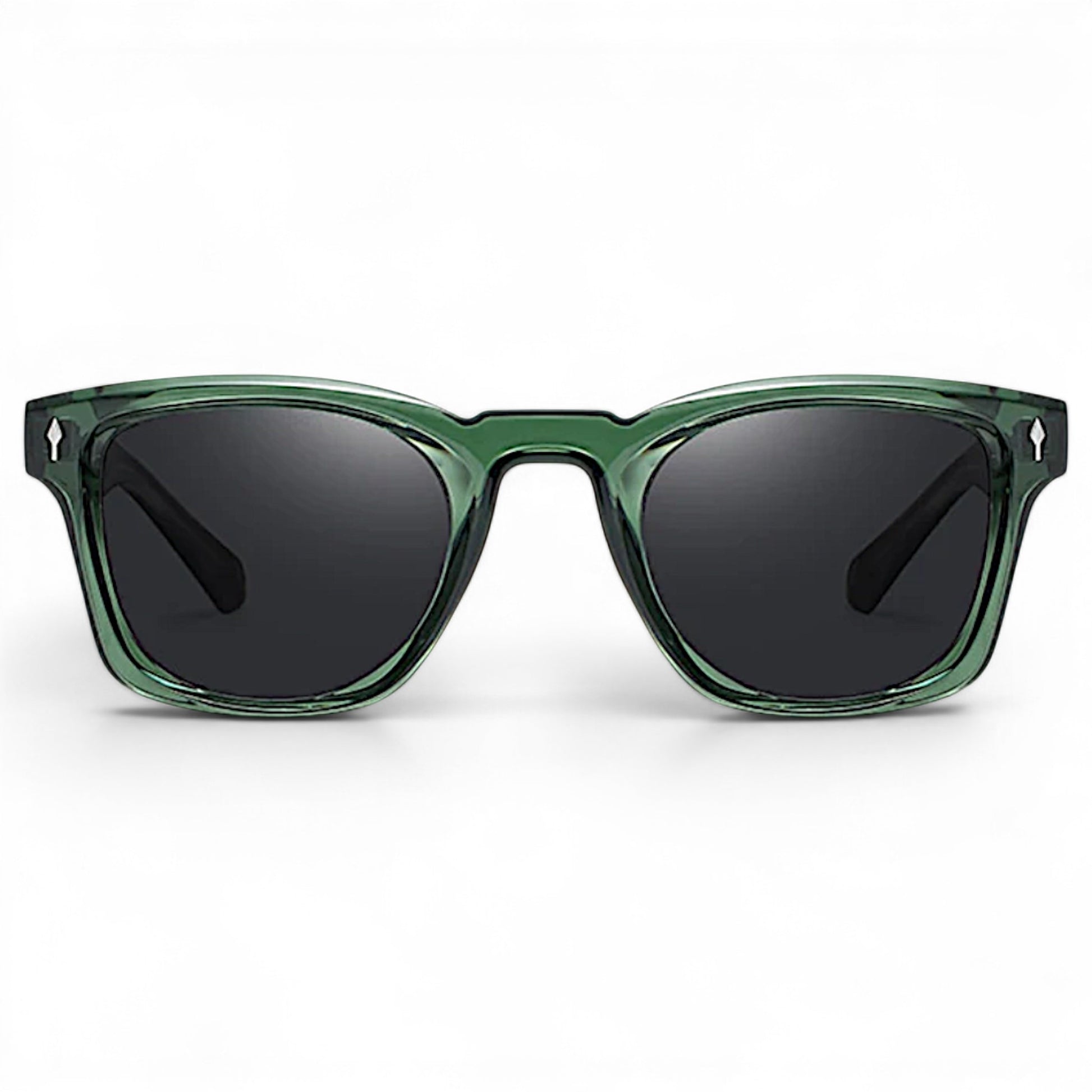 nadaraty eyewear Horus Kaizon sunglasses in translucent green acetate with dark lenses and silver rivets.