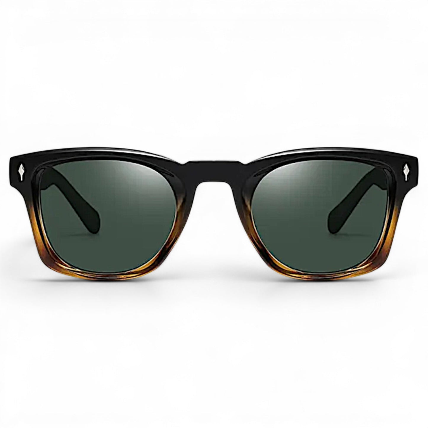 nadaraty eyewear Horus Kaizon sunglasses with black and amber tortoise shell acetate frame and green lenses.