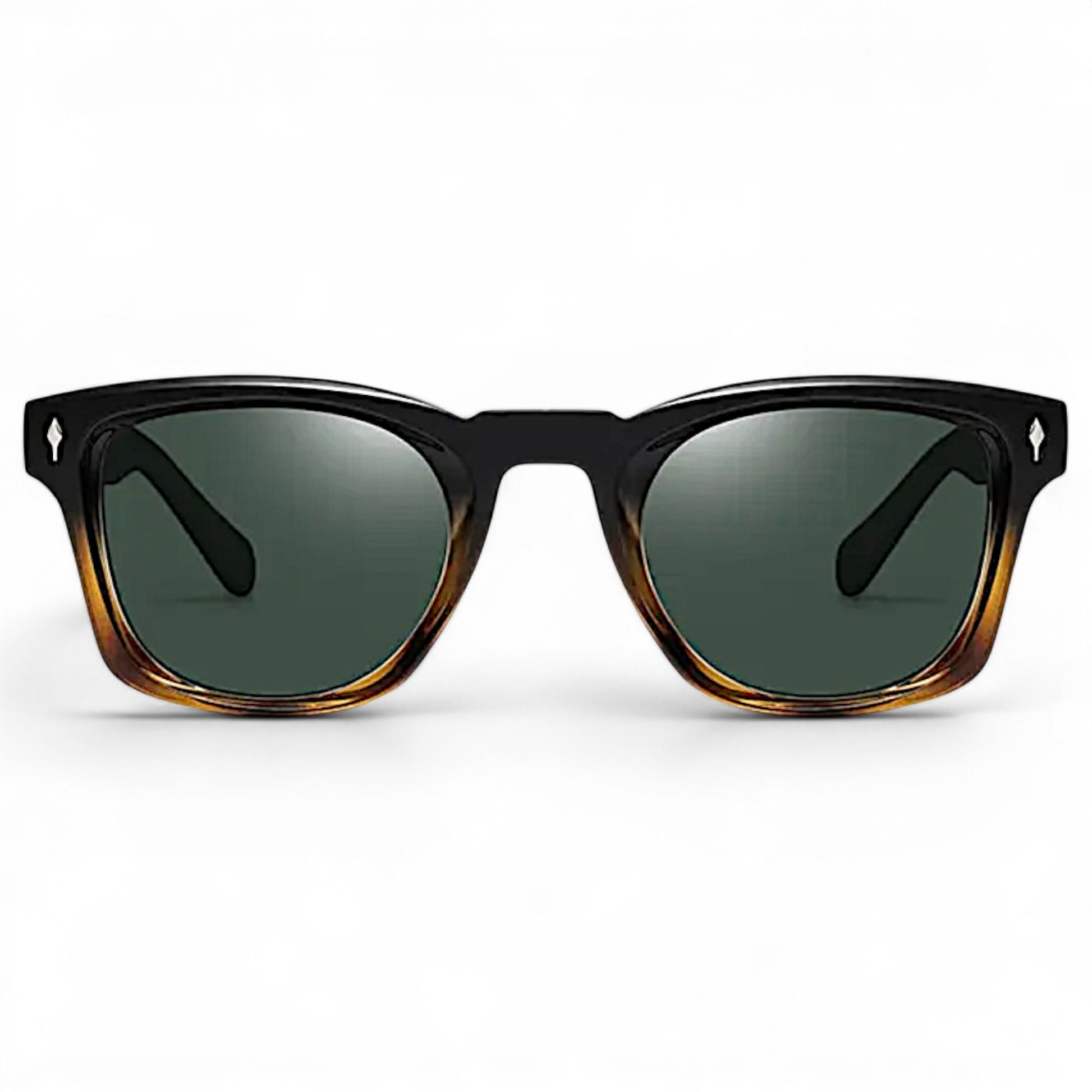 nadaraty eyewear Horus Kaizon sunglasses with black and amber tortoise shell acetate frame and green lenses.