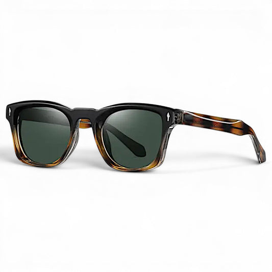 nadaraty eyewear Horus Kaizon sunglasses with black and amber tortoise shell acetate frame and green lenses.