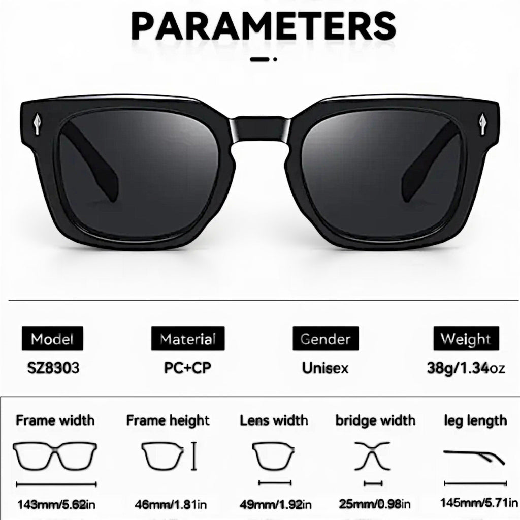 nadaraty eyewear Horus Milano H 158 black square acetate sunglasses with dark lenses.
