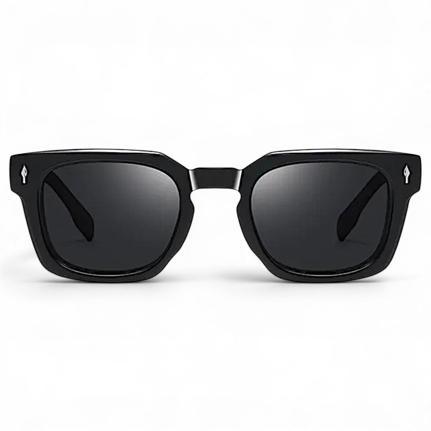 nadaraty eyewear Horus Milano H 158 black square acetate sunglasses with dark lenses and silver detail on temples.