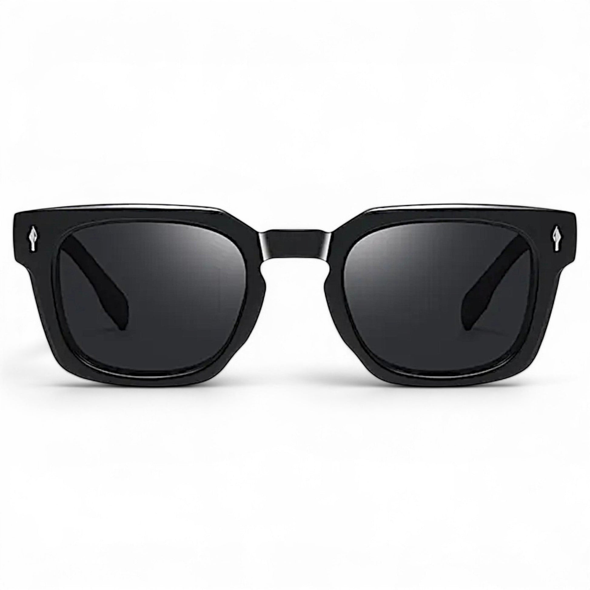 nadaraty eyewear Horus Milano H 158 black square acetate sunglasses with dark lenses and silver detail on temples.