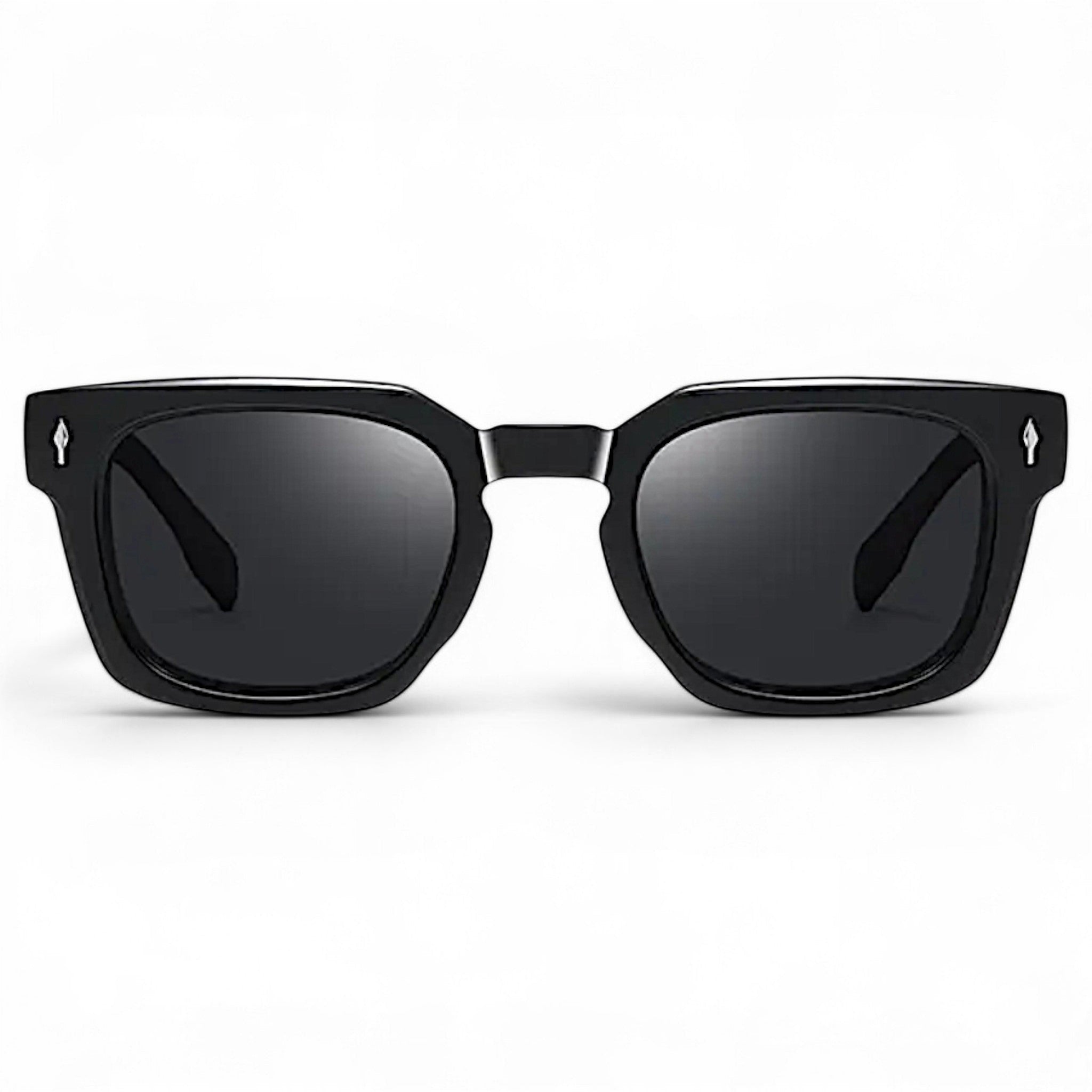 nadaraty eyewear Horus Milano H 158 black square acetate sunglasses with dark lenses and silver detail on temples.