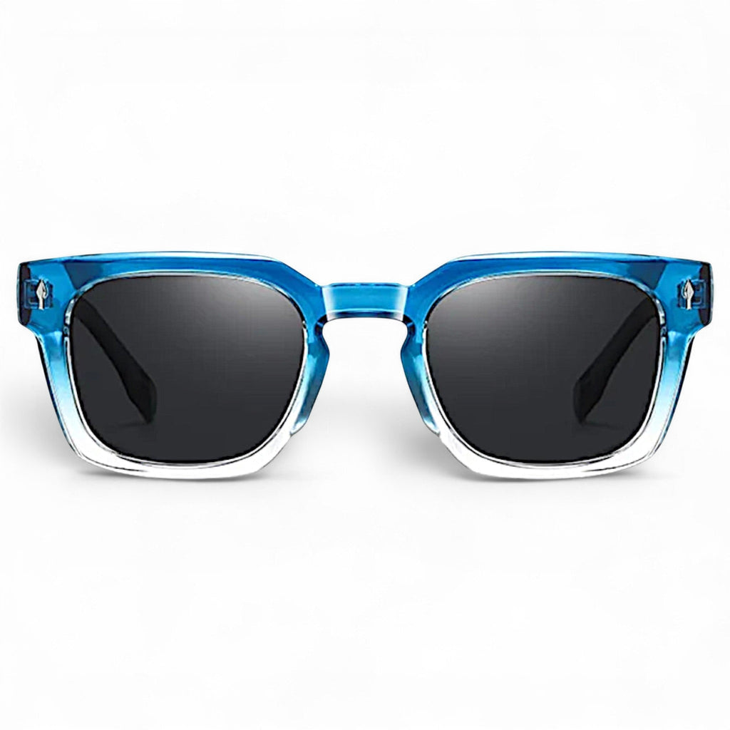 nadaraty eyewear Horus Milano H 158 blue translucent square frame sunglasses with dark lenses.